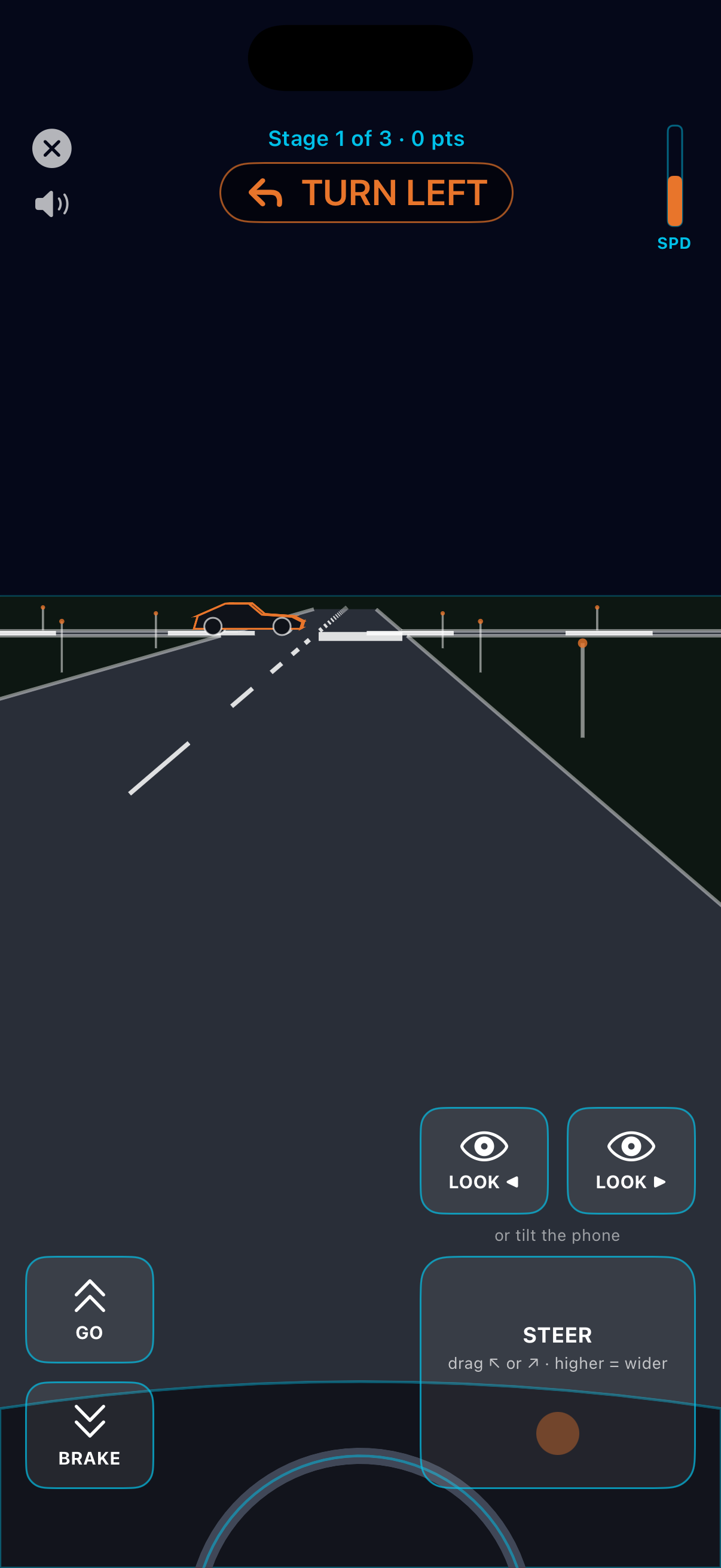 Driving drill prompting the driver to look the correct way before turning
