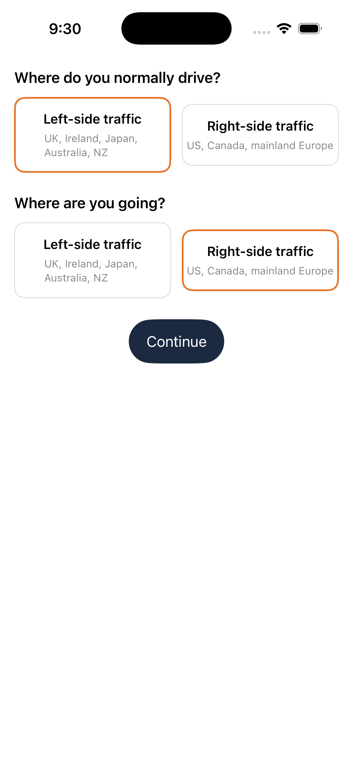 Setup screen asking where you normally drive and where you are going